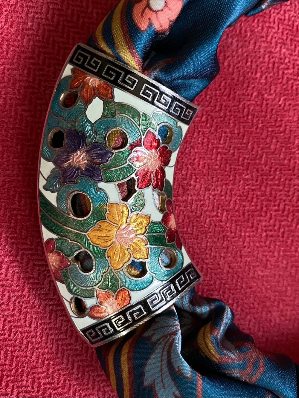 New scarf with cloisonné slide pendant. Gorgeous!